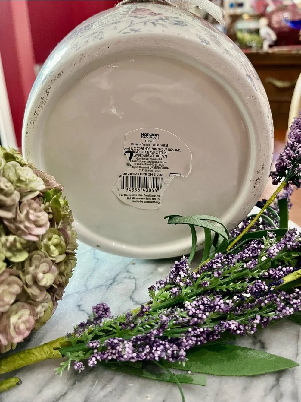 3Pc Vignette Grey Bunny Toile Ceramic Basket w Faux Floral Ball & Lavender Sprig